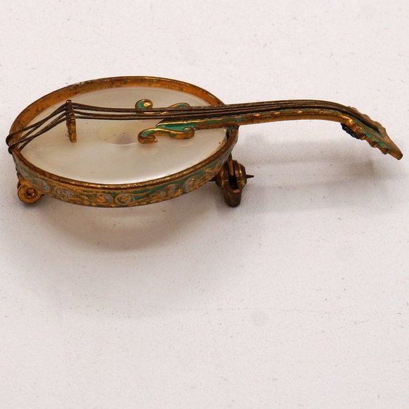 Vintage Spanish Stringed Banjo Pearly Center Green Enamel Brass Tone Brooch - Picture 9 of 13
